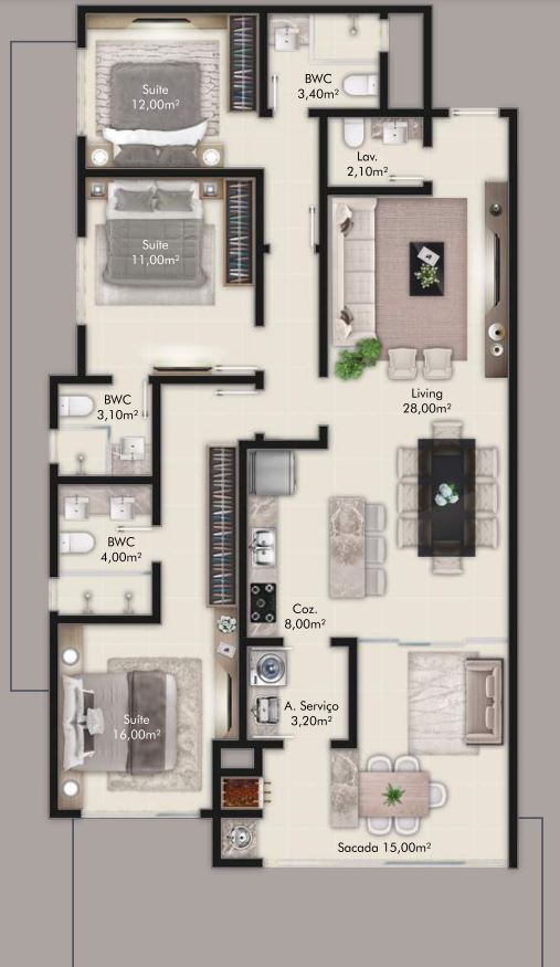 Planta 02 - 3 dorm 121 40m²