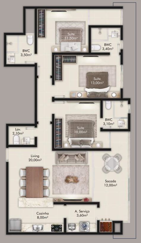 Planta 03 - 3 dorm 111 70m²