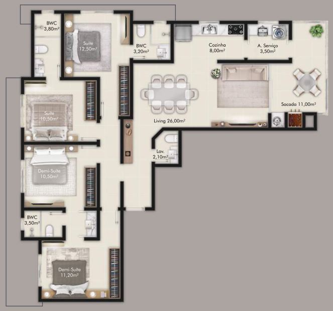 Planta 04 - 3 dorm 133 80m²