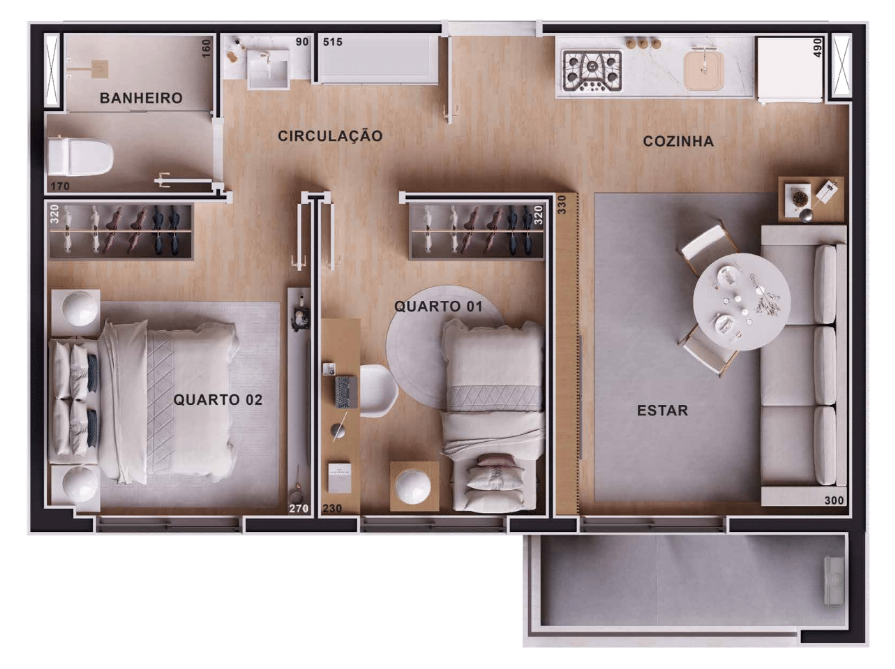 Planta 02 - 2 dorm 46 74m² Planta 02 - 2 dorm 46 74m²