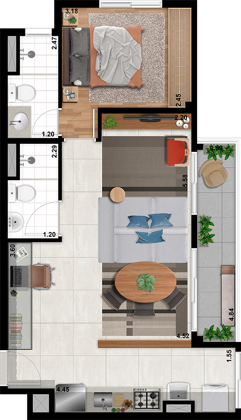 Planta 04 - 1 dorm 54m² - opção