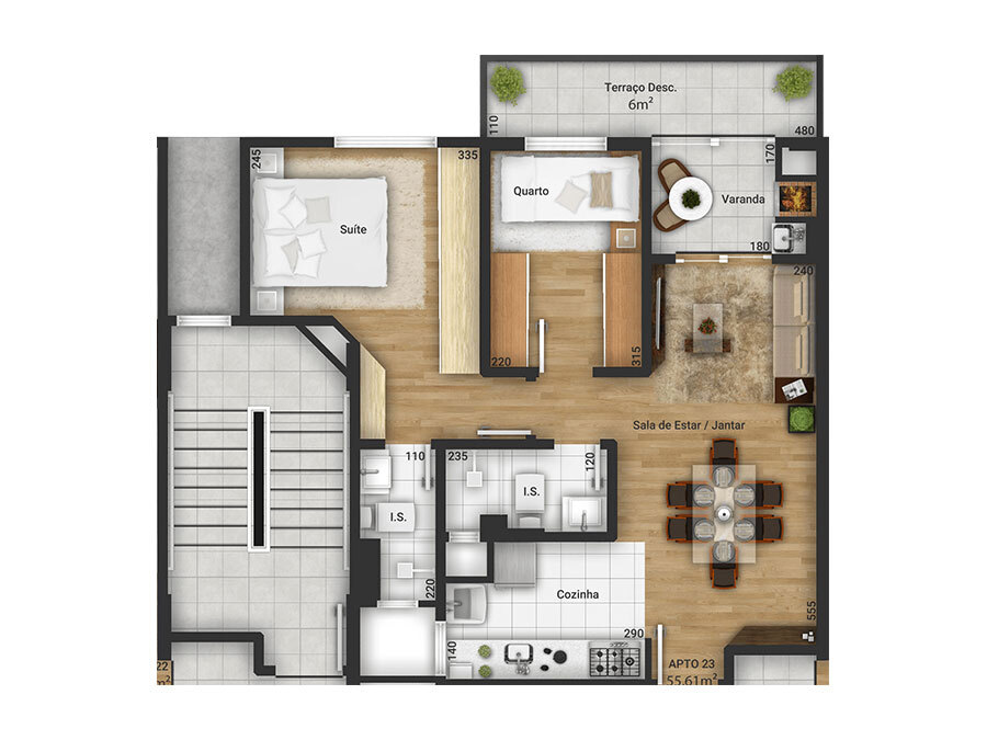 Planta 01 - 2 dorm 55 61m² - garden