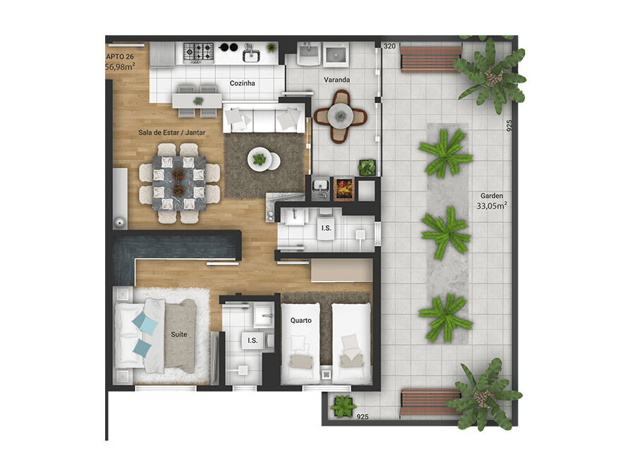 Planta 03 - 2 dorm 56 98m² - garden