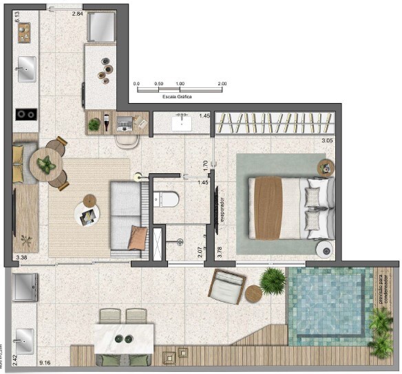 Planta 05 - 1 dorm 60 15m² - garden