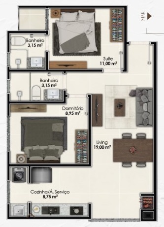 Planta 01 - 2 dorm 61 60m²