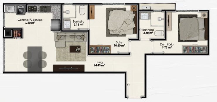 Planta 02 - 2 dorm 68 50m²