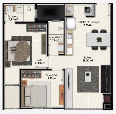 Planta 03 - 2 dorm 63m²