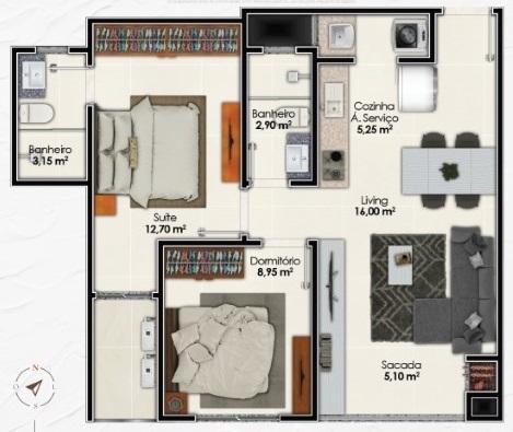 Planta 08 - 2 dorm 61 65m²