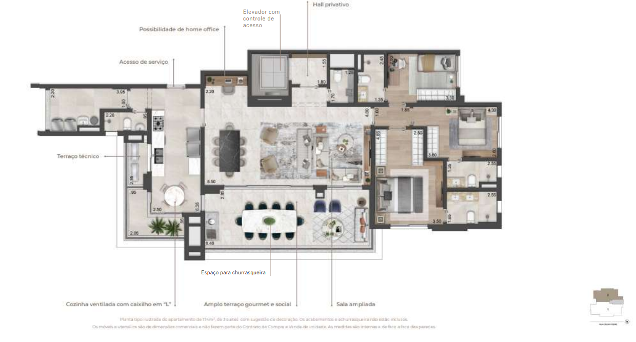 Planta 02 - 3 dorm 174m² - opção 1