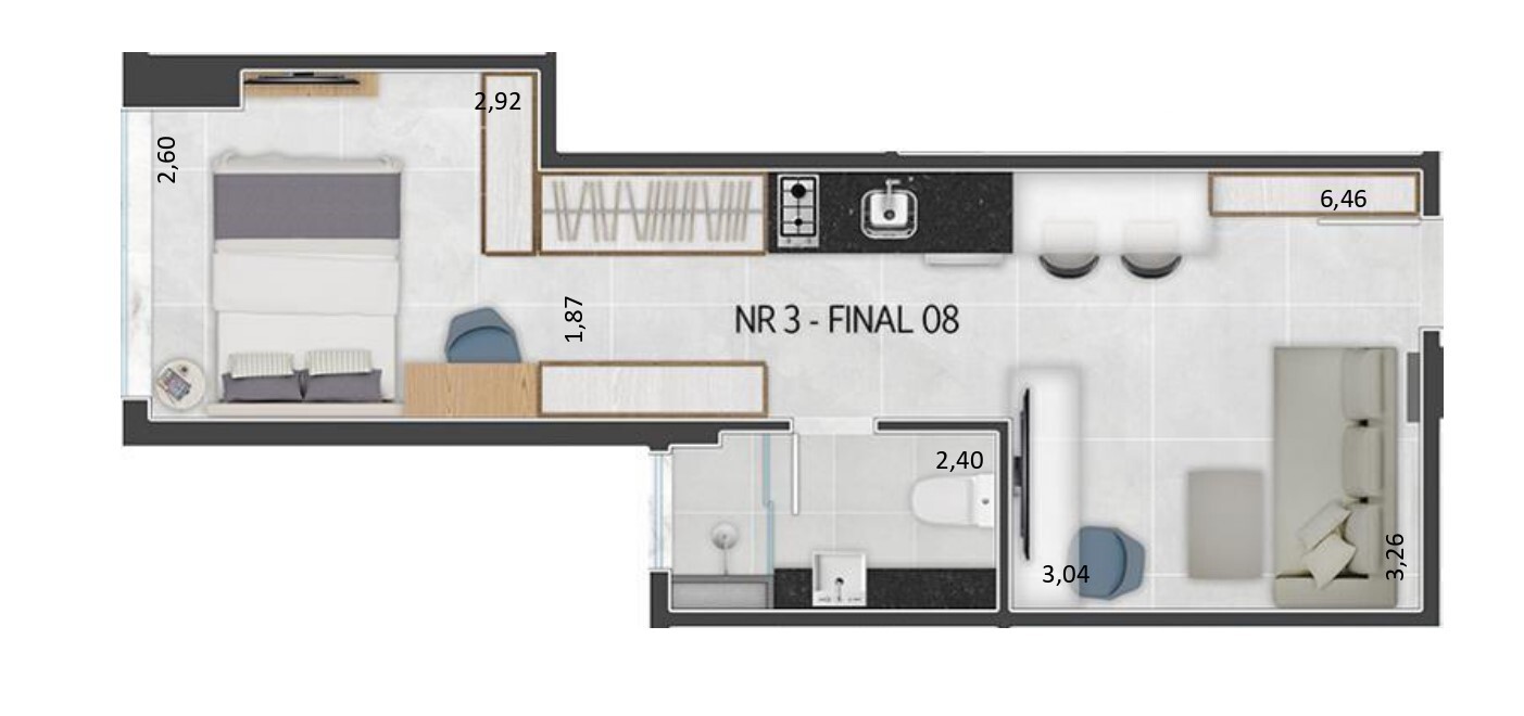 Planta 03 - 1 dorm 30 21m² - studio