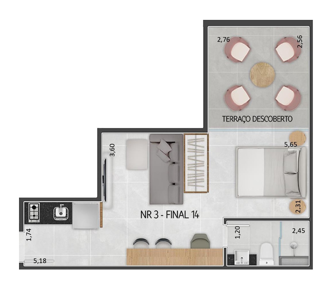 Planta 07 - 1 dorm 35 26m² - studio - garden