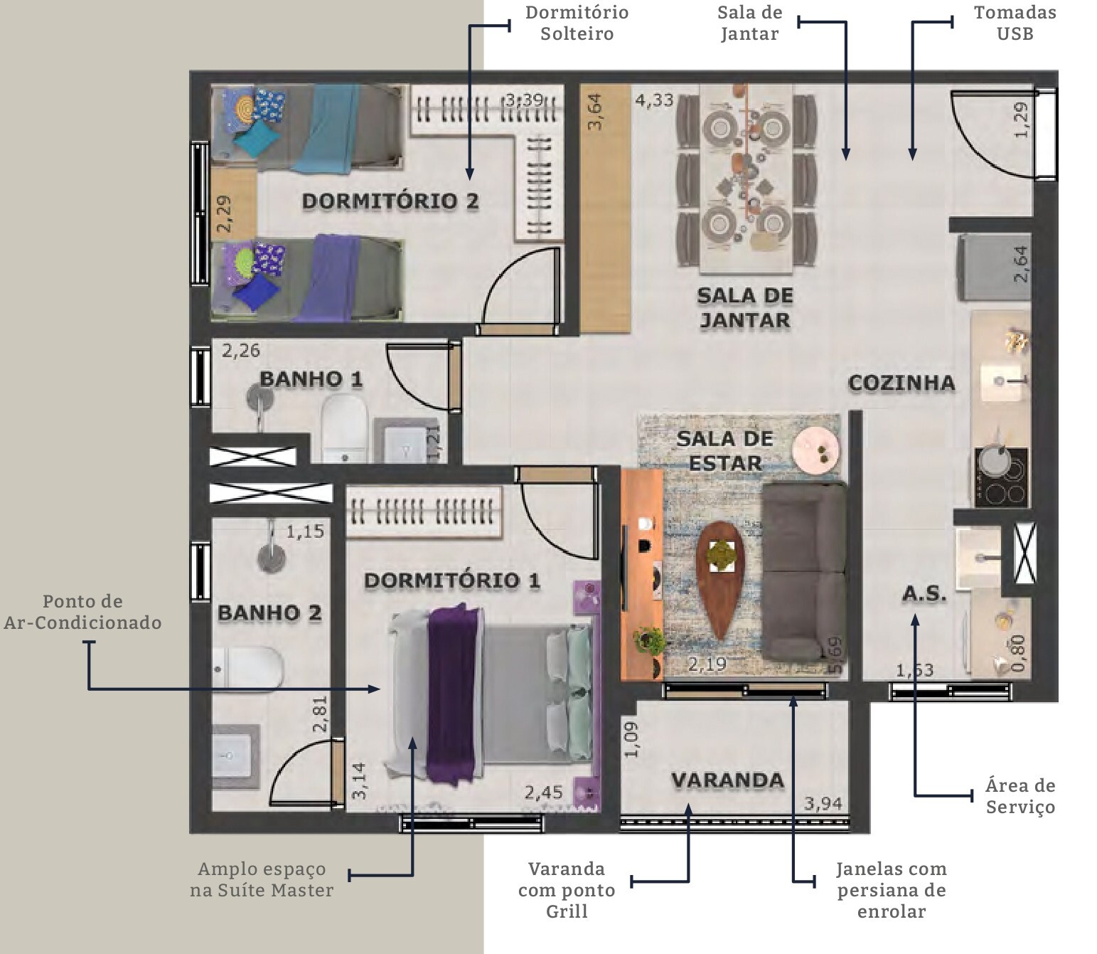 Planta 02 - 2 dorm 56 19m²