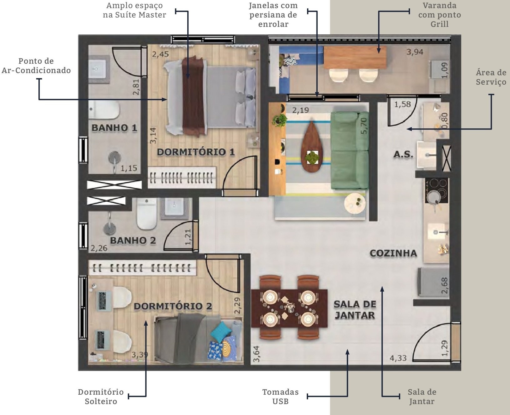 Planta 03 - 2 dorm 58 29m²