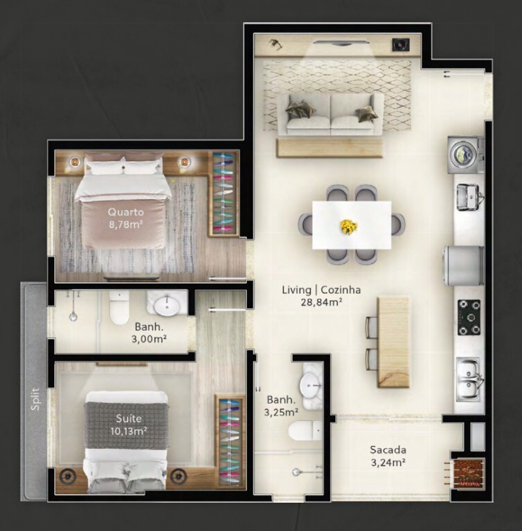 Planta 01 - 2 dorm 65 50m²