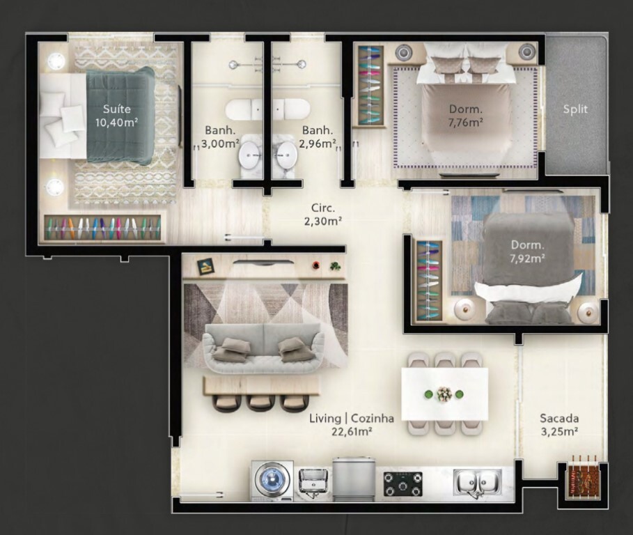 Planta 02 - 3 dorm 69 97m²