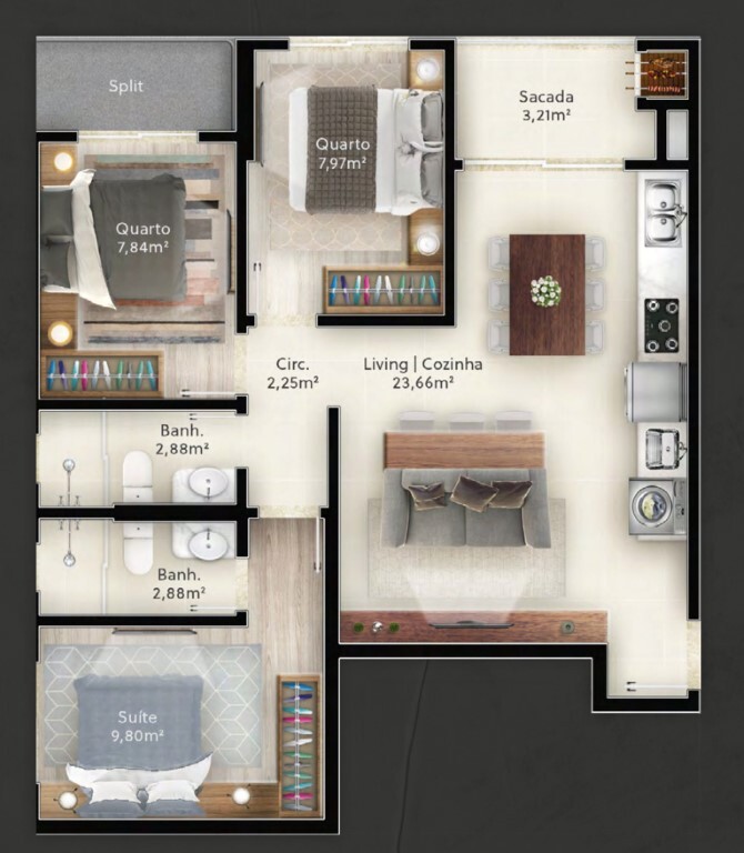 Planta 04 - 3 dorm 69 97m²