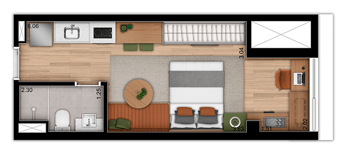 Planta 01 - 1 dorm 26m² - studio