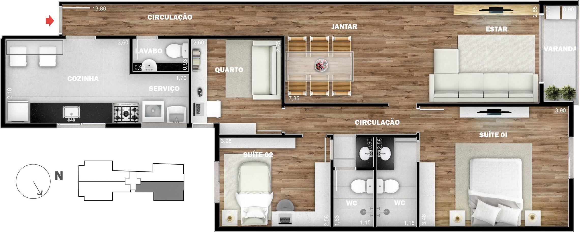 Planta 01 - 3 dorm 90m²
