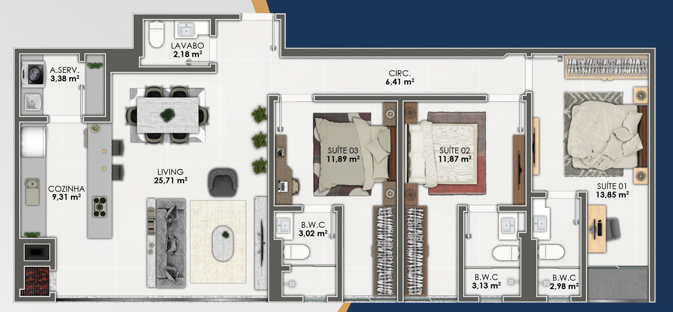 Planta 01 - 3 dorm 114m²