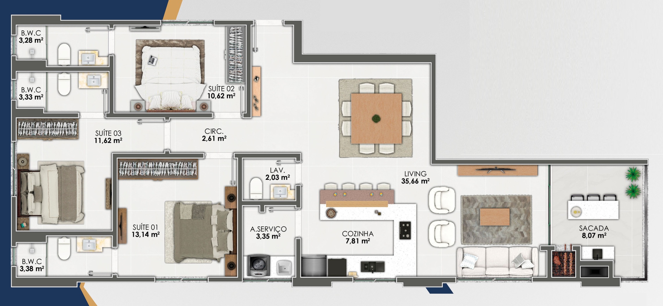 Planta 02 - 3 dorm 124m²