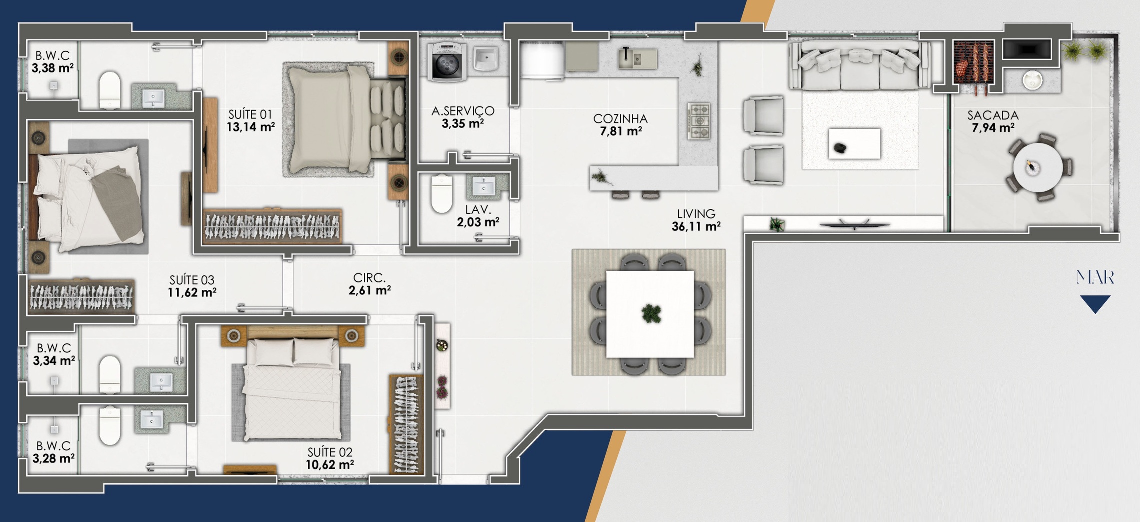 Planta 03 - 3 dorm 125m²