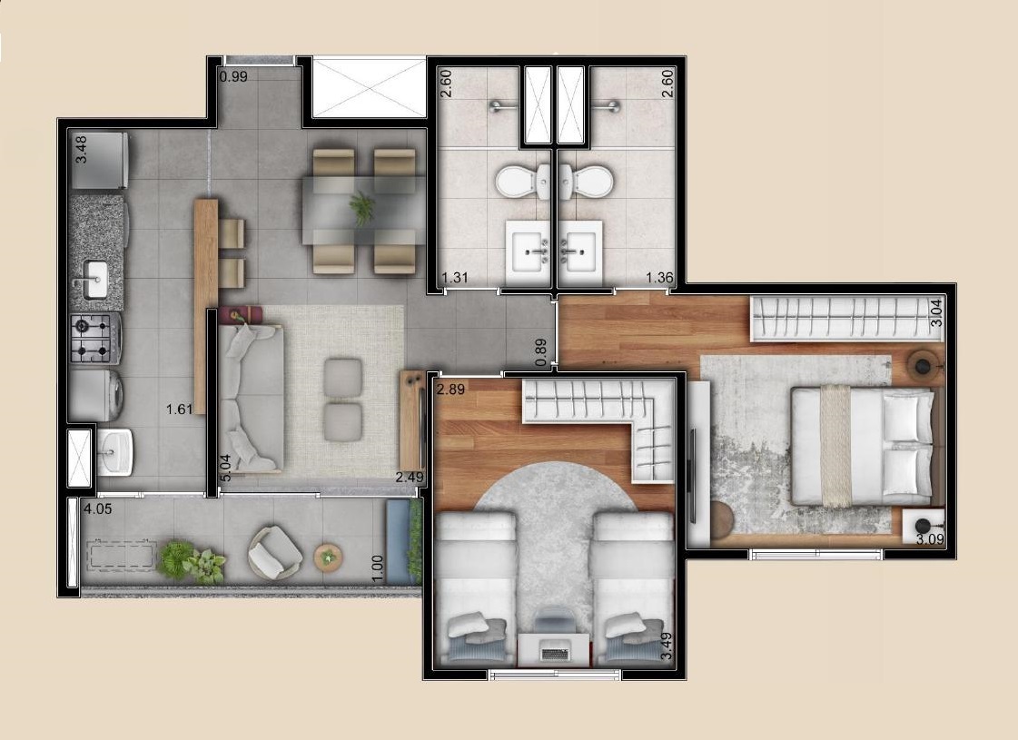 Planta 01 - 2 dorm 59m²
