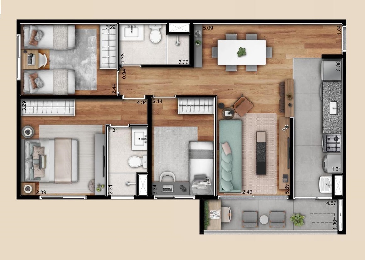 Planta 02 - 3 dorm 74m²