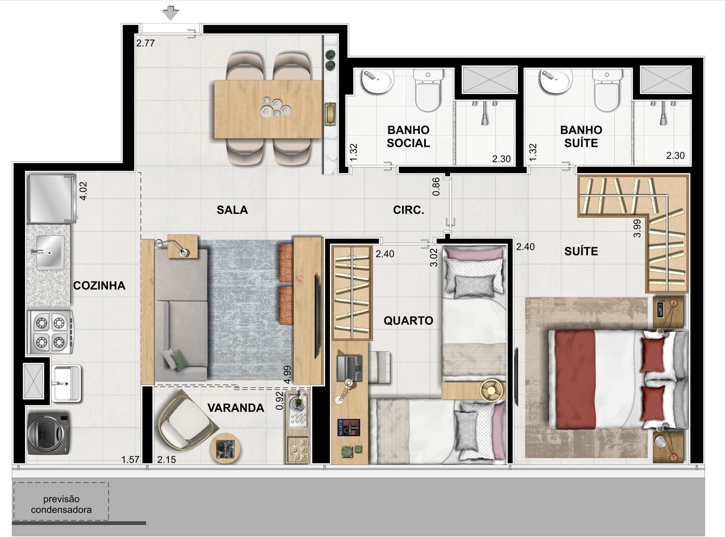Planta 01 - 2 dorm 53 58m²