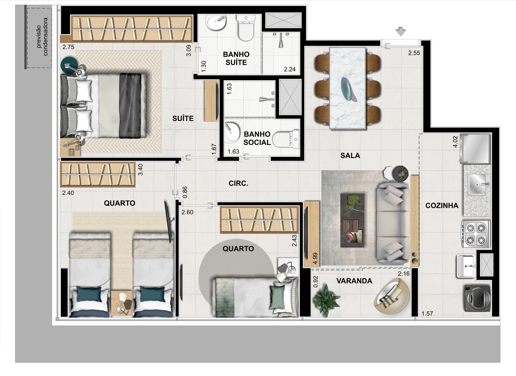 Planta 04 - 3 dorm 60 75m²