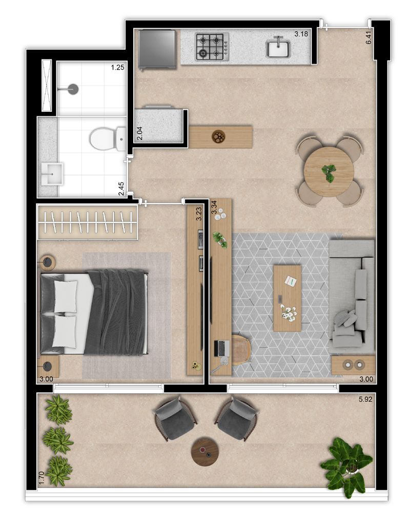 Planta 02 - 1 dorm 53 70m²