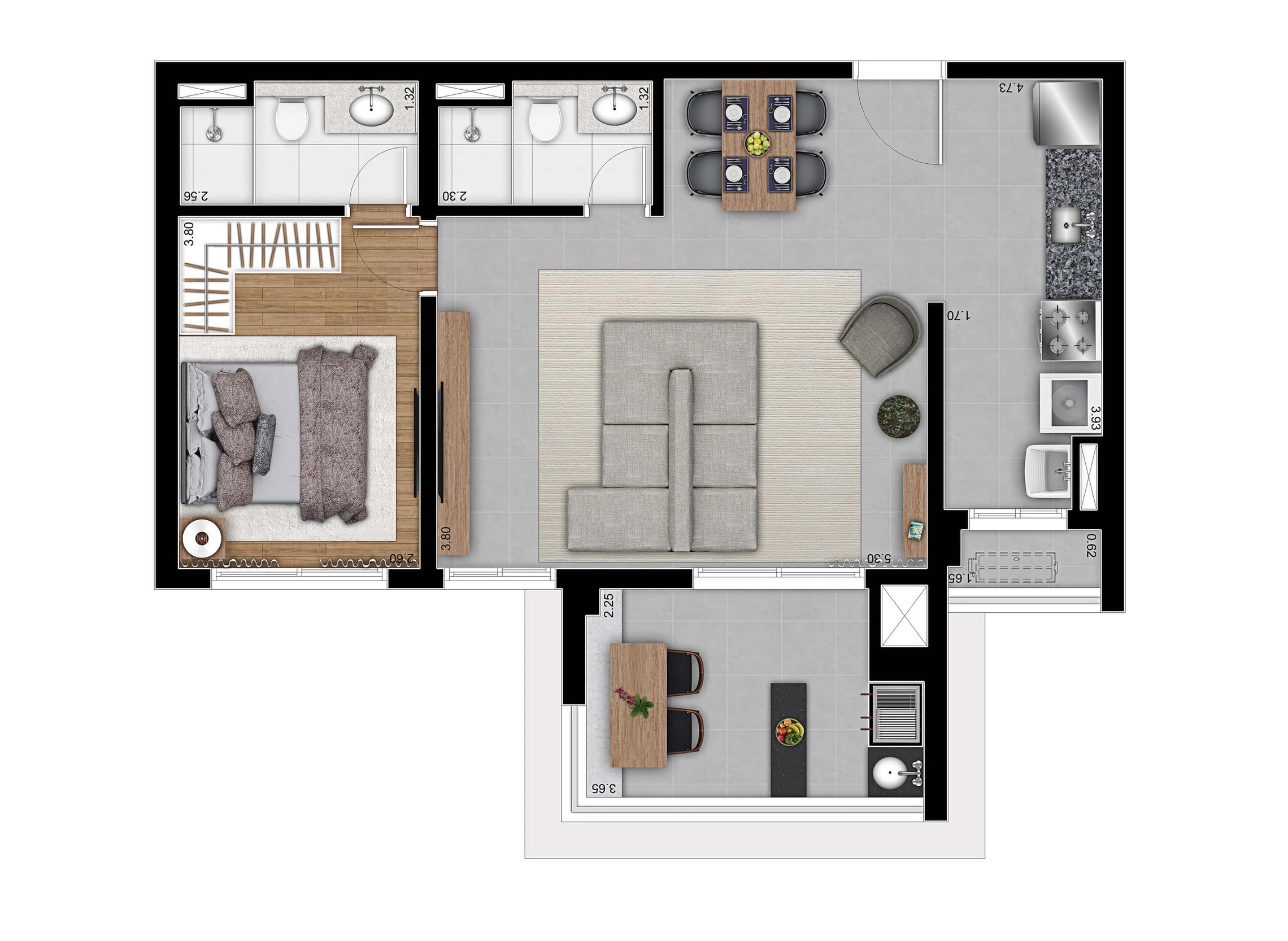 Planta 02 - 1 dorm 69m²