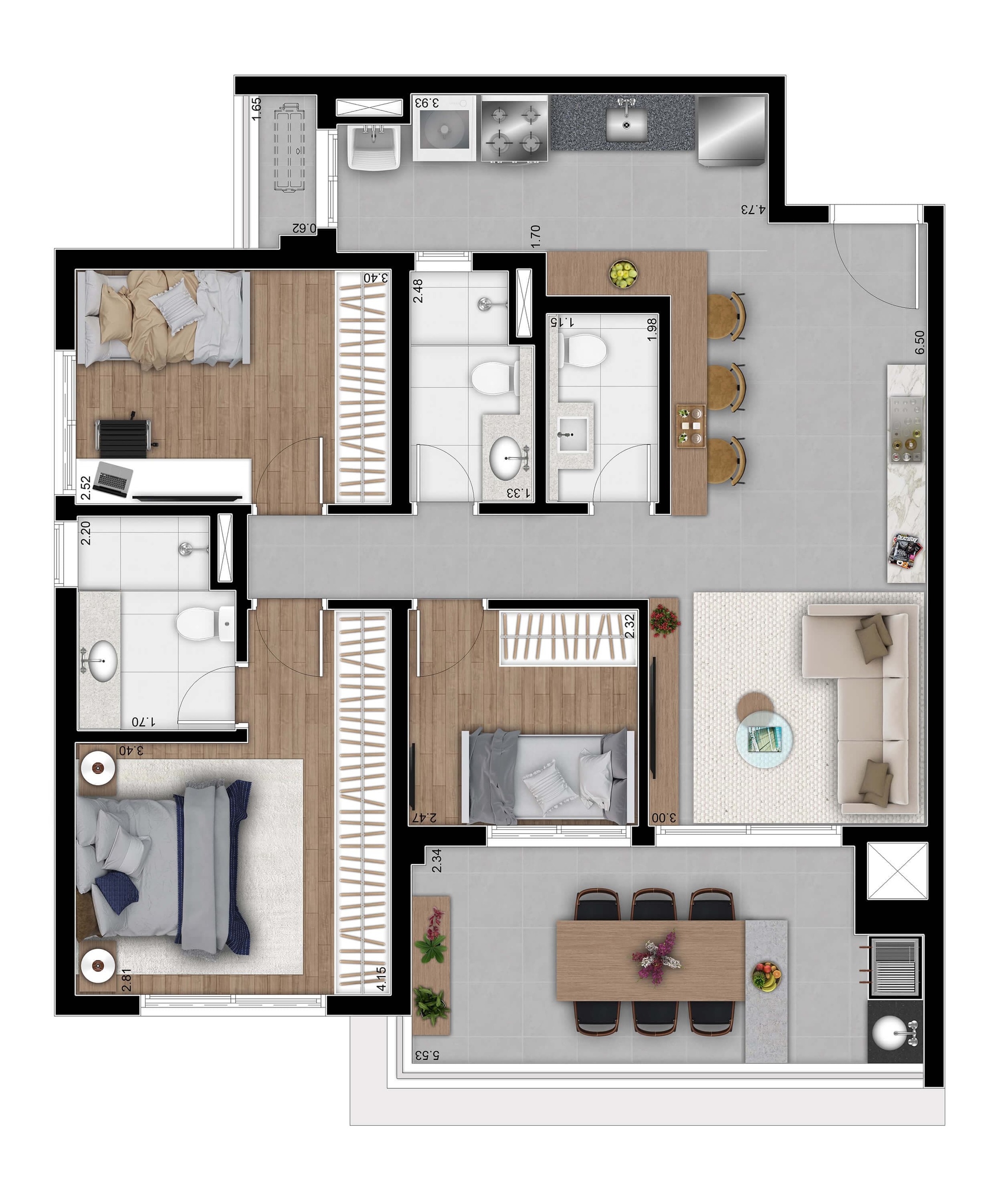 Planta 03 - 3 dorm 94m²