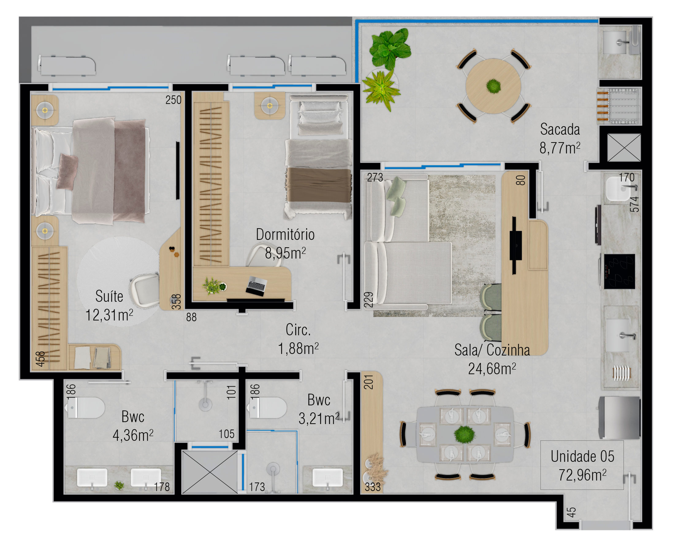 Planta 02 - 2 dorm 72,96m²