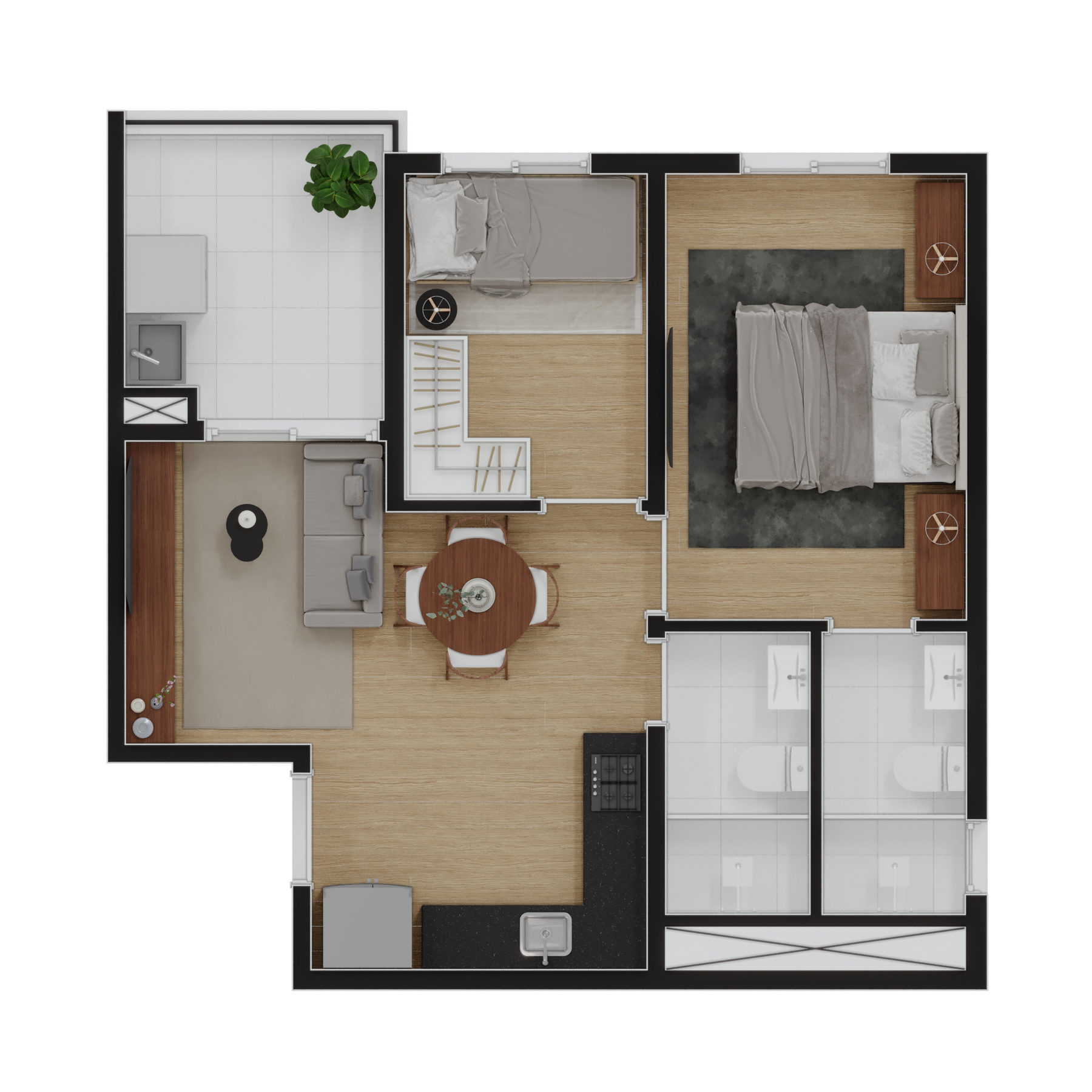 Planta - 2 dorm 44m² c/suíte 