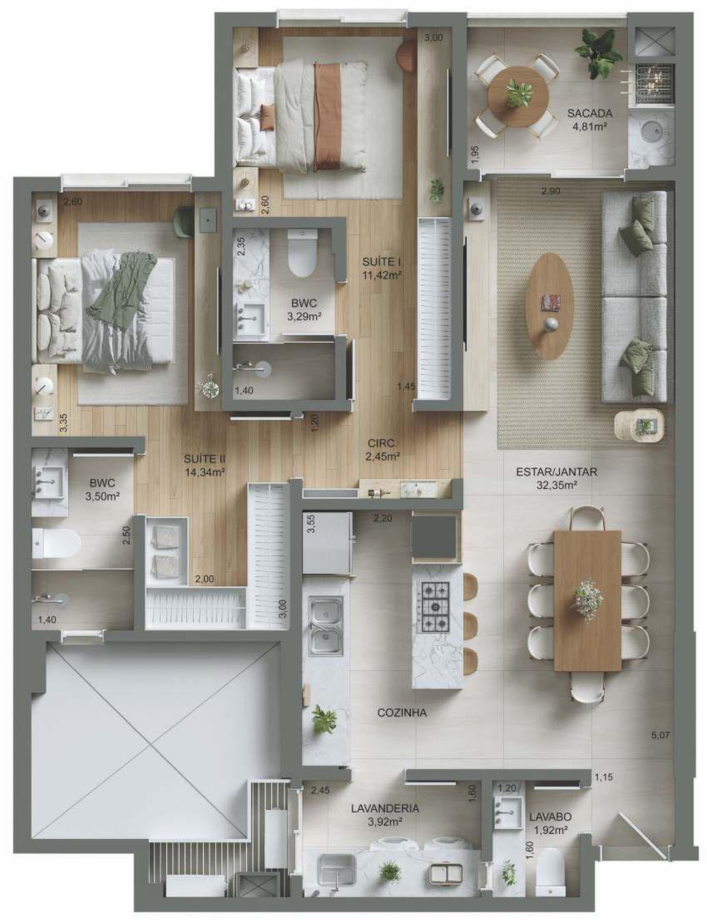 Planta 01 - 2 dorm 90,75m²