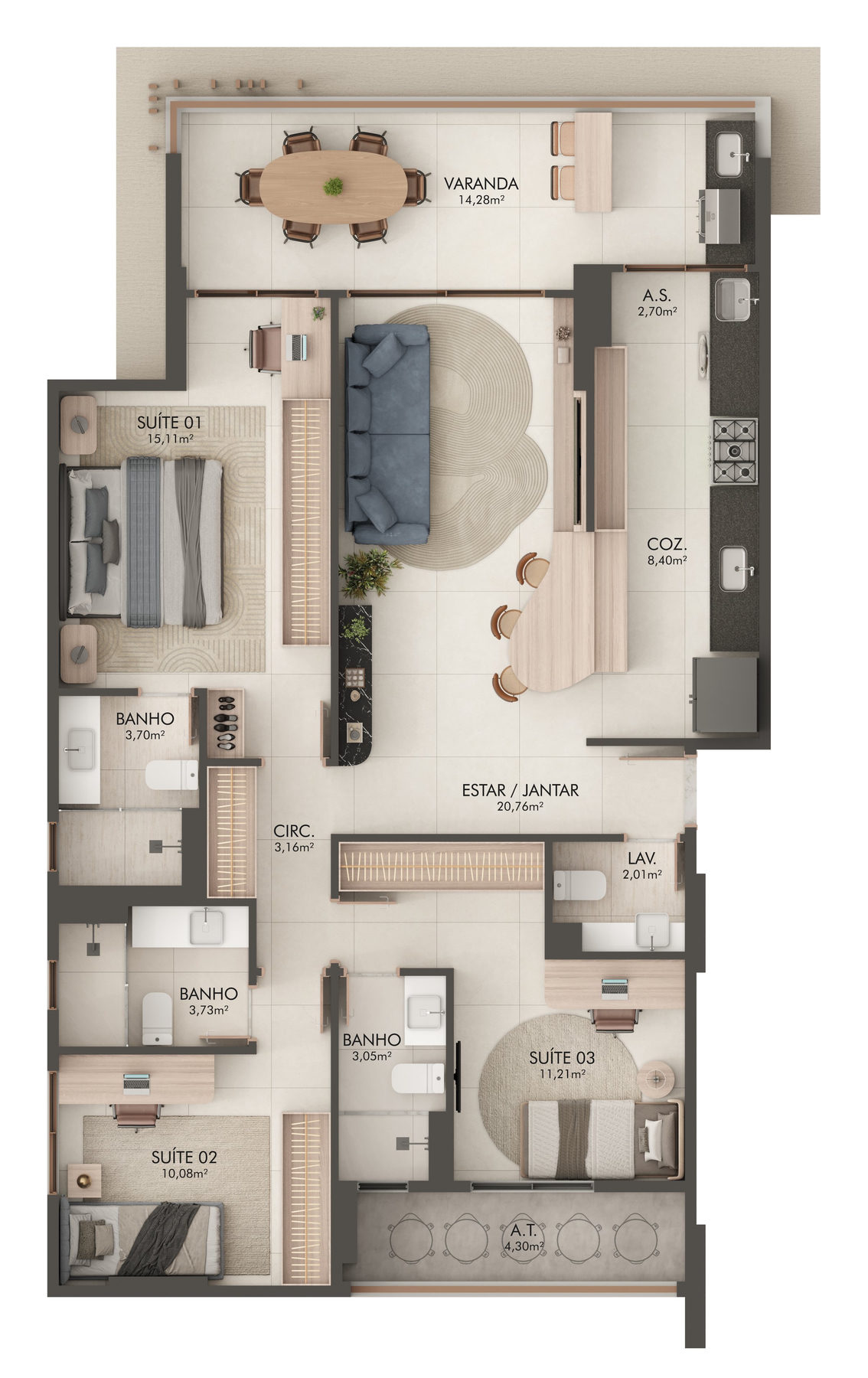 Planta 01 - 3 dorm 115,08m²