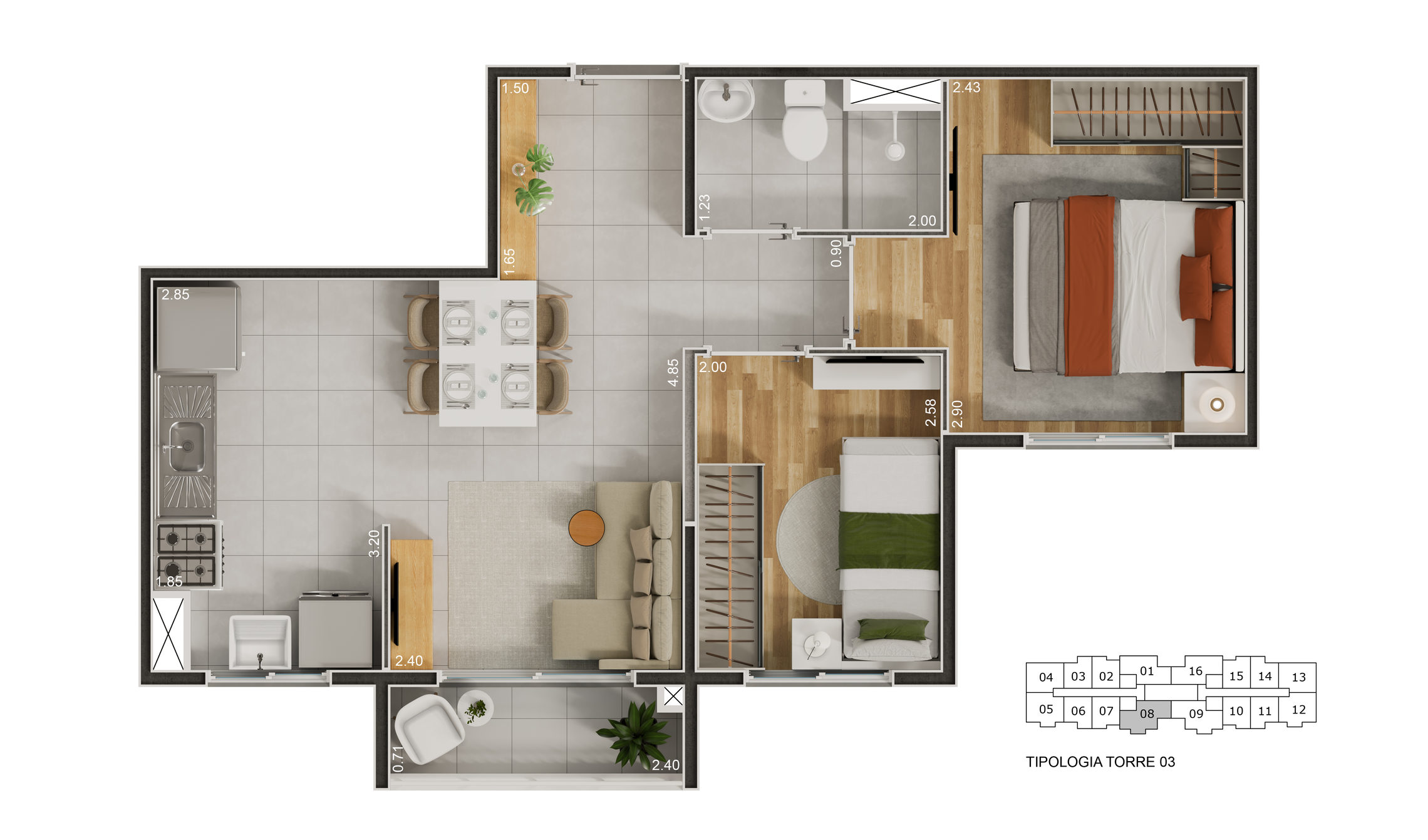 39,39m² - 2 dorm com terraço