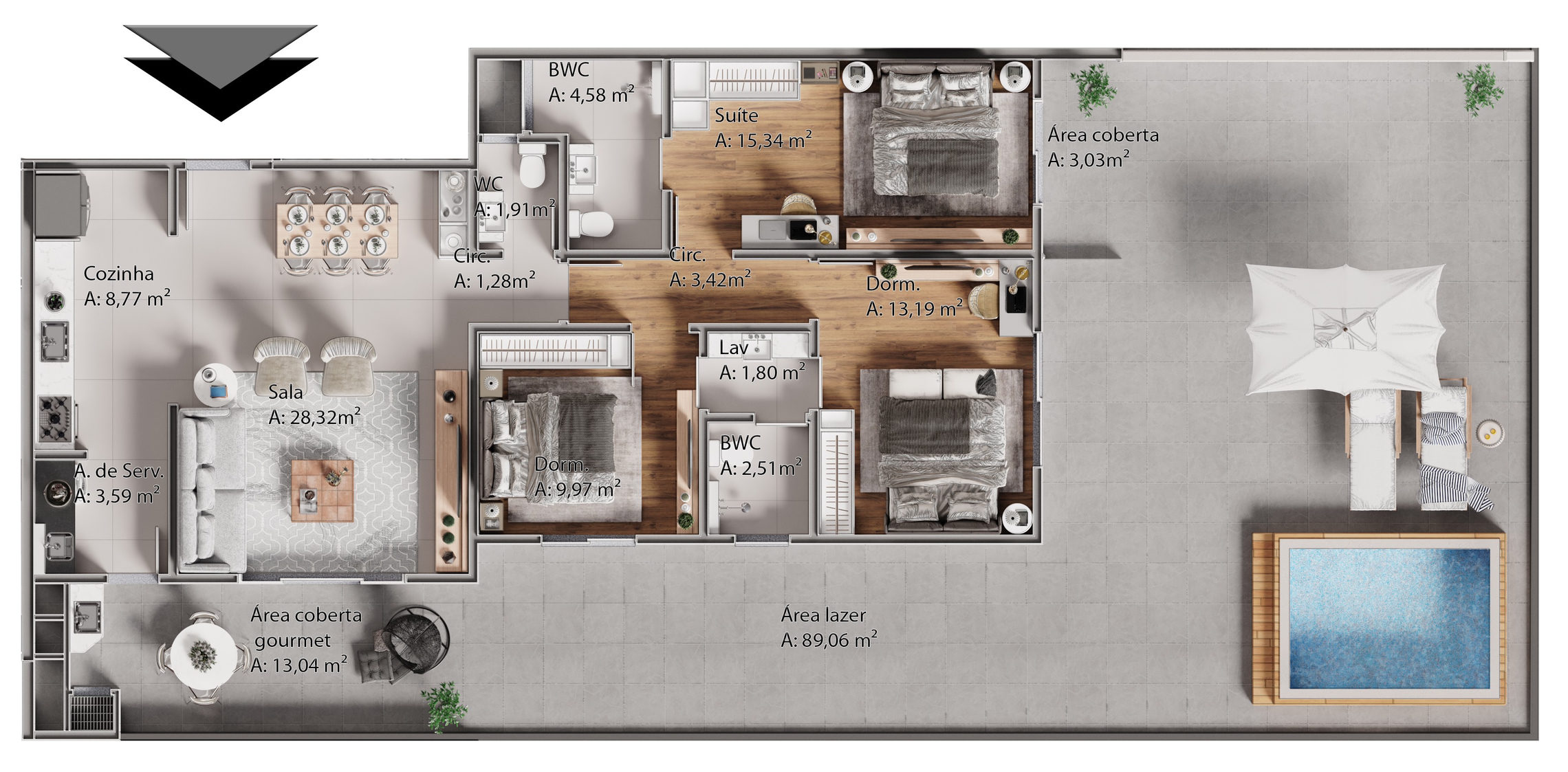 Planta 08 - 3 dorm 220m² - garden