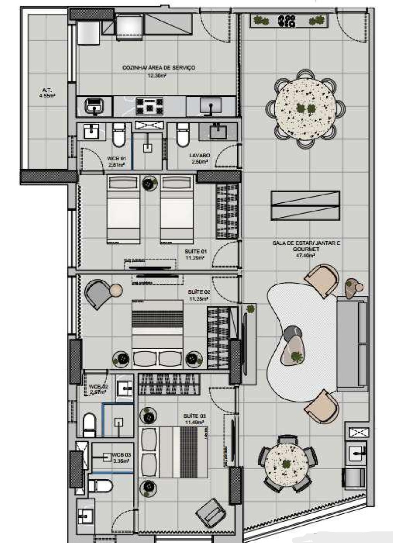 Planta 01 - 3 dorm 125m²