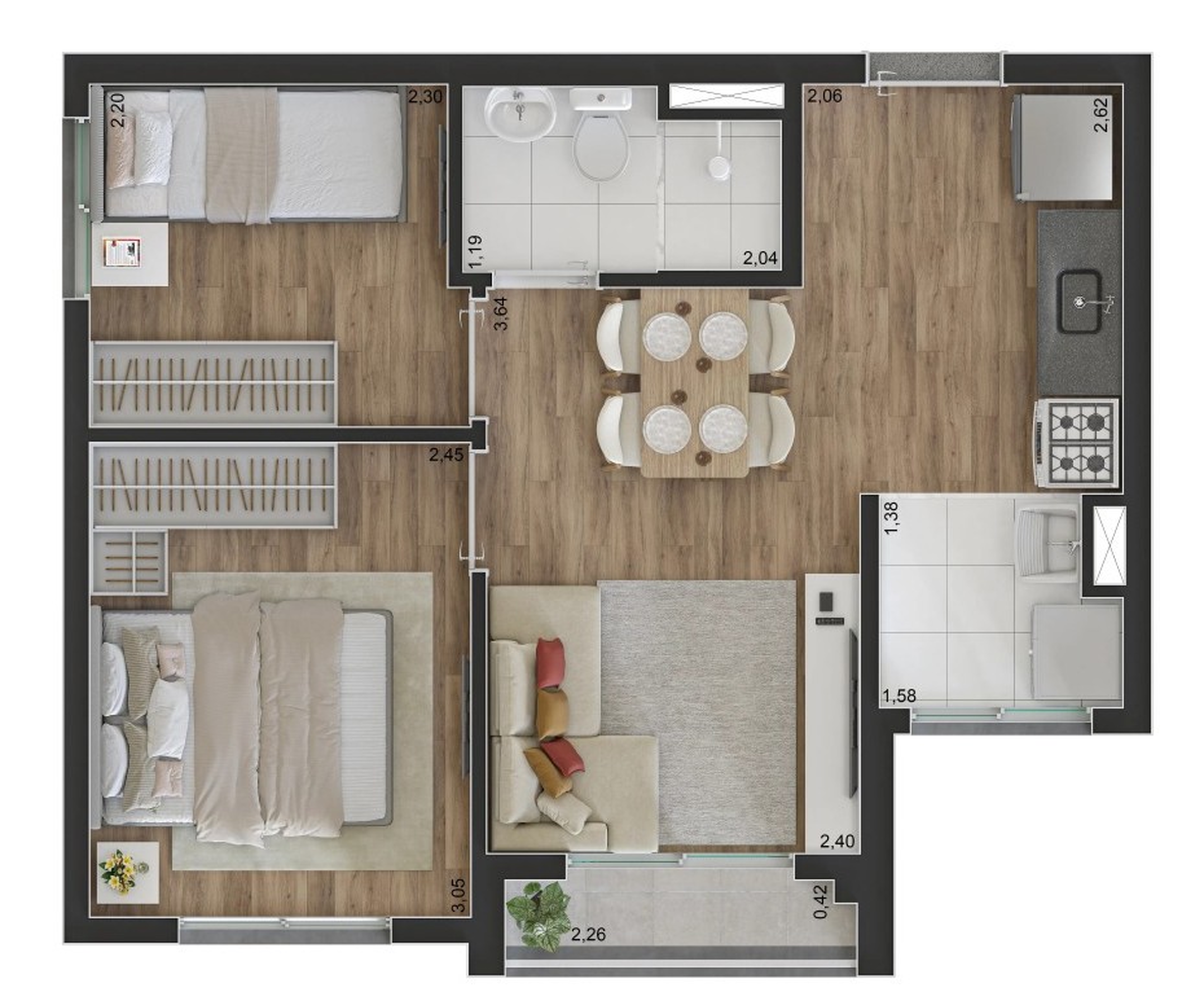 Planta 01 - 2 dorm 37m²