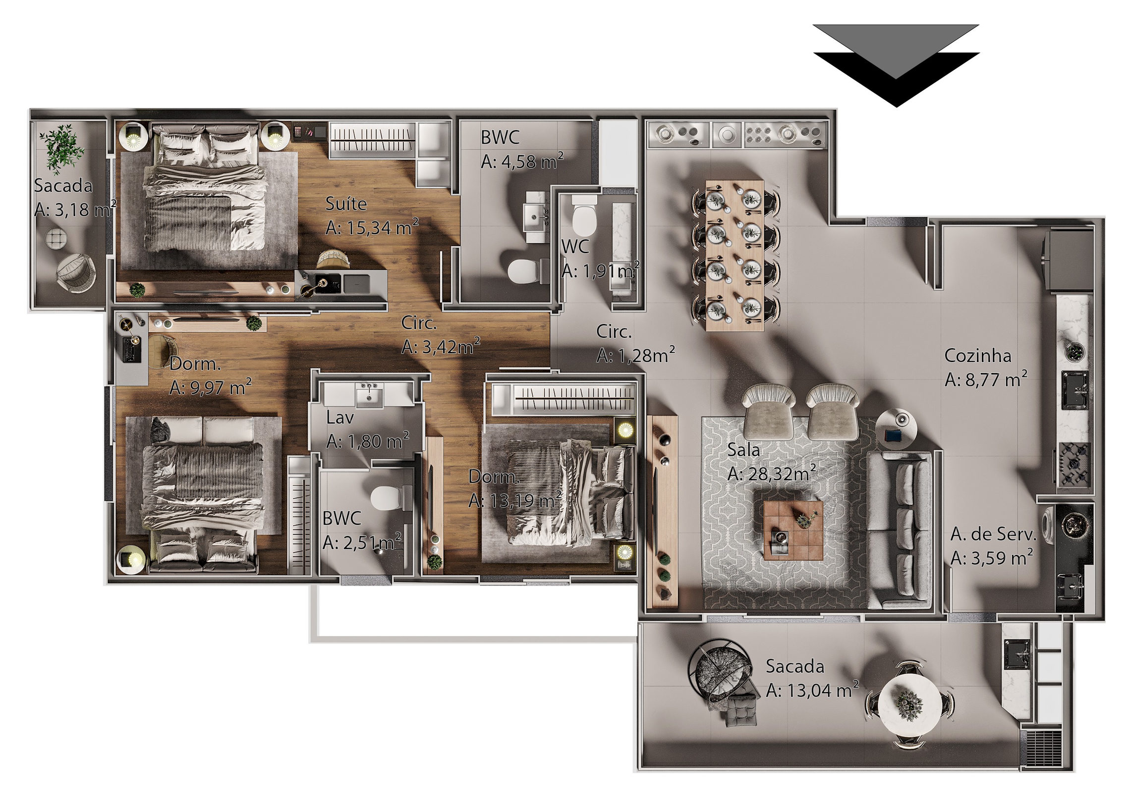 Planta 05 - 3 dorm 130m²