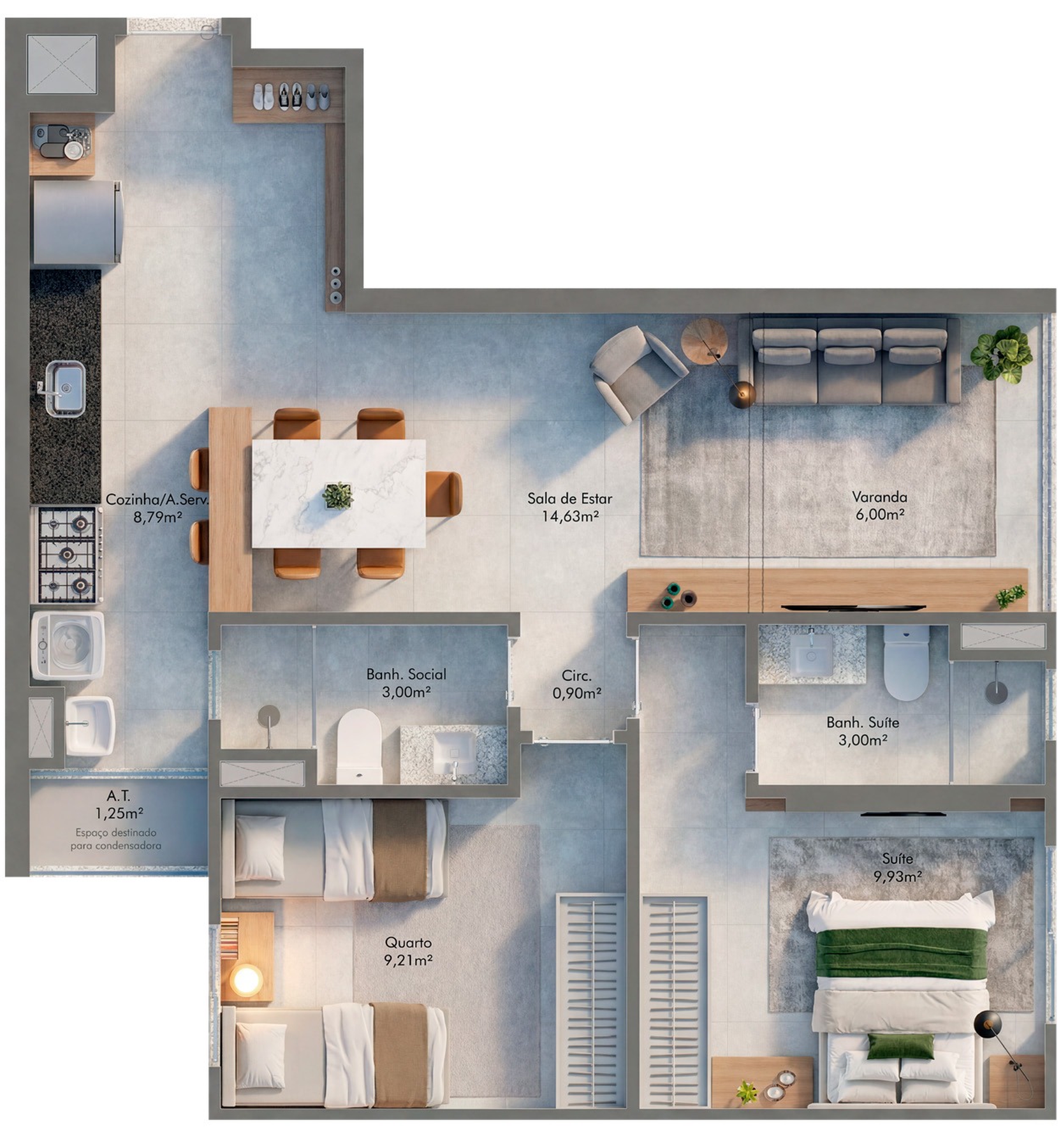 Planta 2 quartos - 61,28 m²