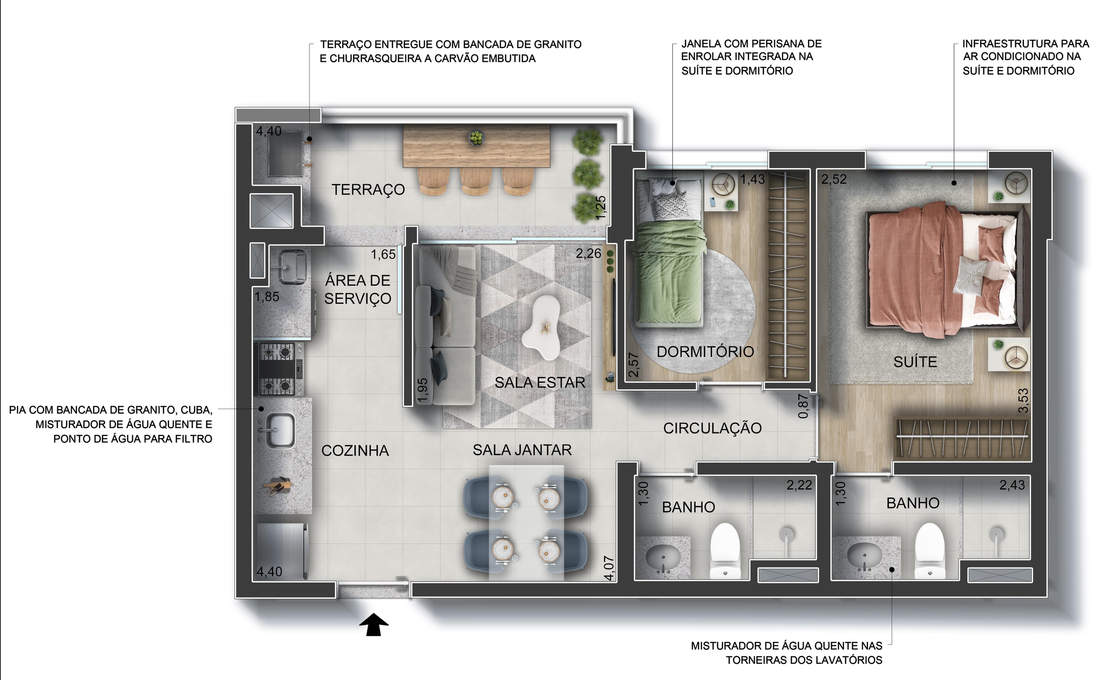 Planta 01 - 2 dorm 51,63m²