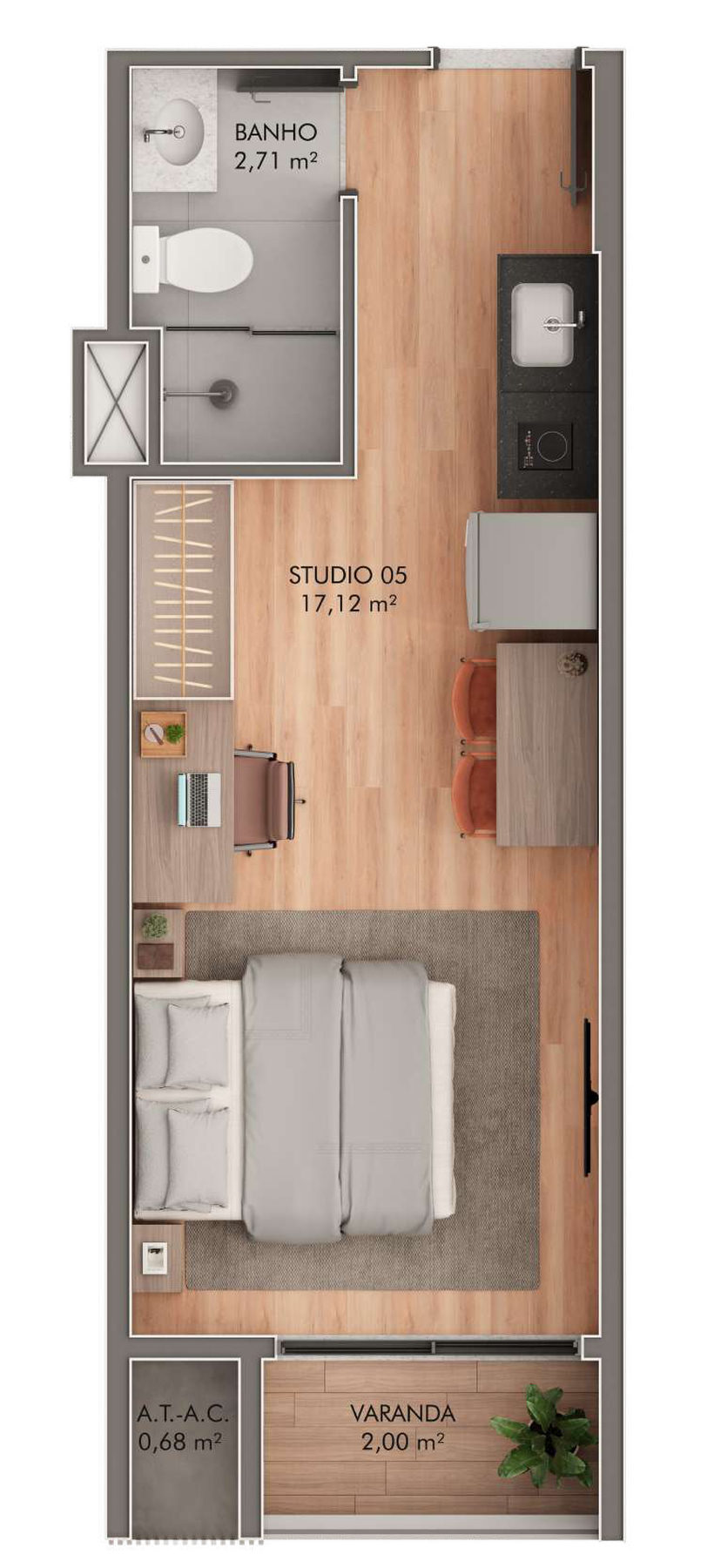 Planta 03 - 1 dorm 25,49m² - studio