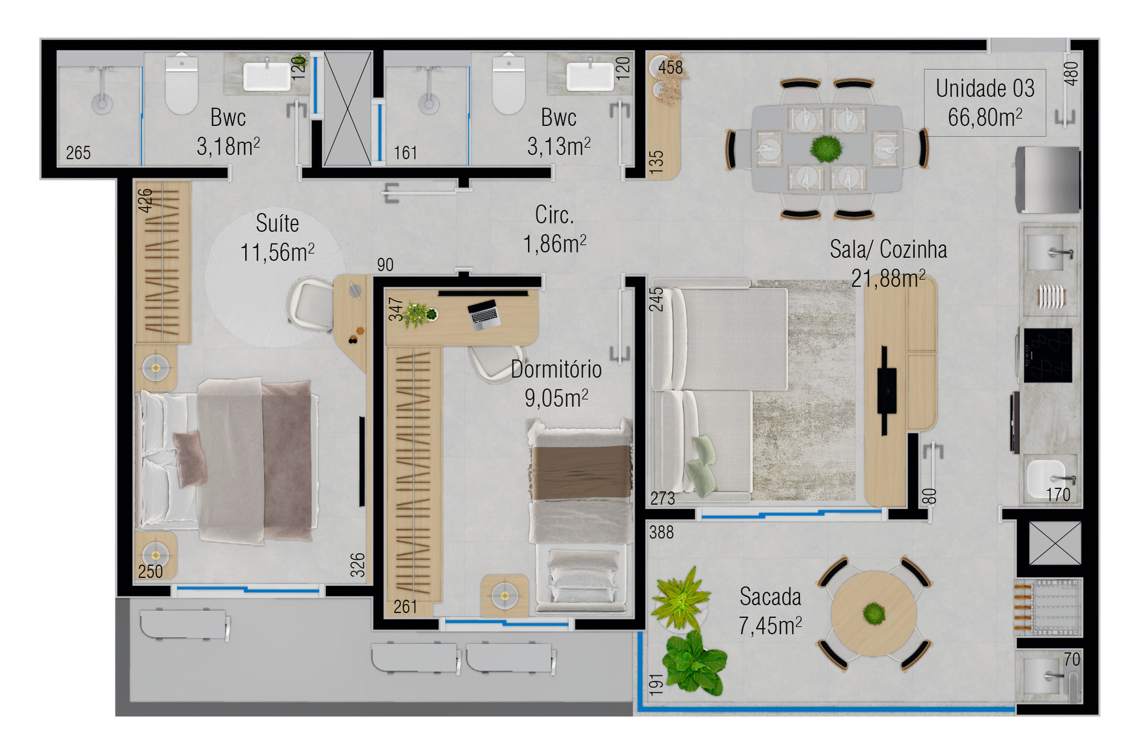Planta 01 - 2 dorm 66,80m²