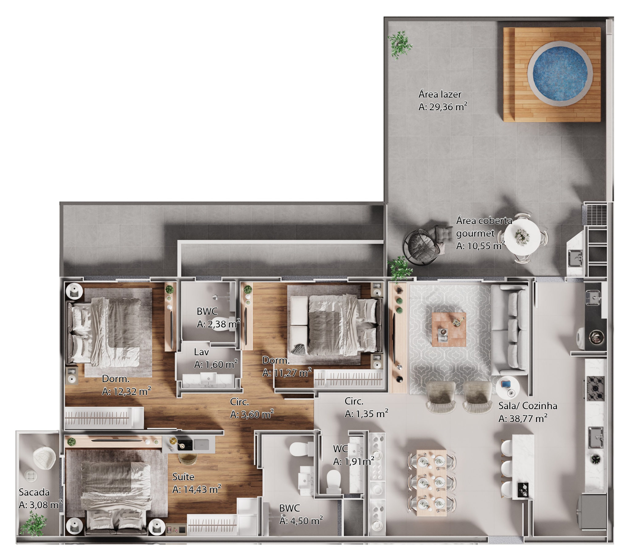 Planta 06 - 3 dorm 155m² - garden