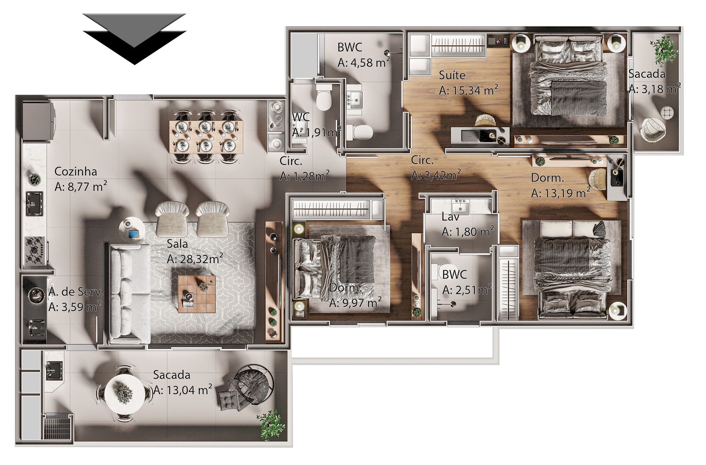 Planta 03 - 3 dorm 123m²